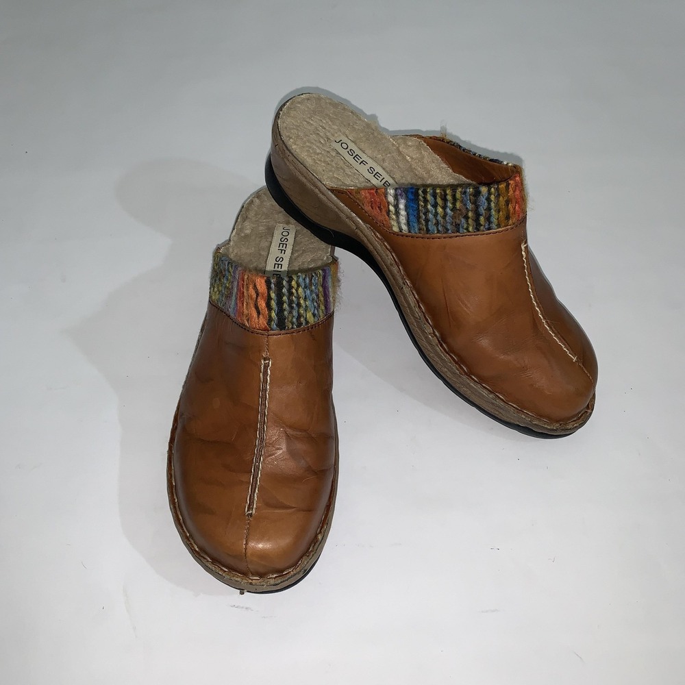 Josef Seibel Clog Shoes Womens Size 9 Brown Leather Slip On Comfort Knit Collar